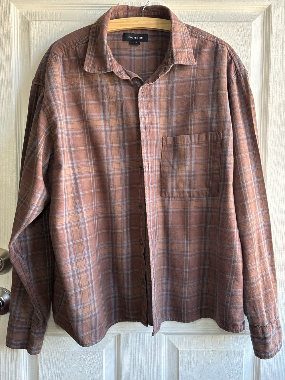 Men's Long Sleeve Plaid Flannel Button Down Shirt Size L - Cotton On